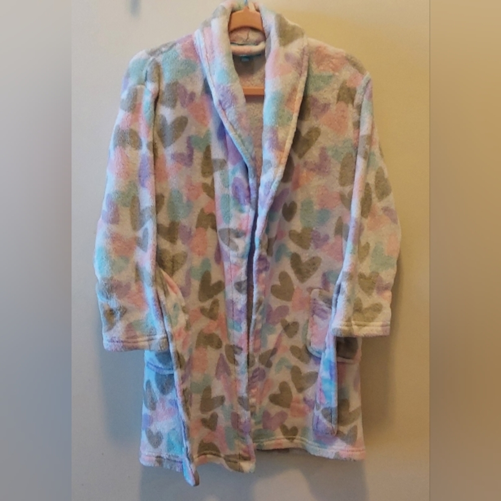 Lightning Bug Kids Heart Pattern Robe w/Belt - Pastel Multicolor / EUC